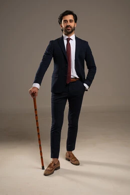 The cane can be chosen to match the color of the man's other accessories, focusing on external appearance and self-confidence. A portrait of a Saudi Gulf Arab businessman wearing a formal suit, standing and holding a decorative cane, which adds to breaking the traditional style, with a white background.