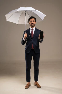 A black phone screen, winter atmosphere, the concept of protection from rain, the use of modern technologies, a portrait of an Arab Gulf Saudi businessman wearing a formal suit standing and holding an umbrella and a mobile phone, attention to external appearance, white background.