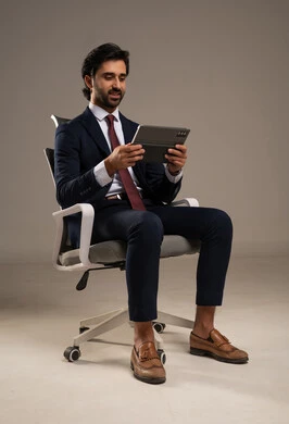 Using modern technological devices, shopping online using a tablet, spending time browsing social media, completing tasks remotely, a close-up portrait of an Arab Saudi Gulf man wearing a formal suit sitting on a comfortable chair and using a tablet, white background.