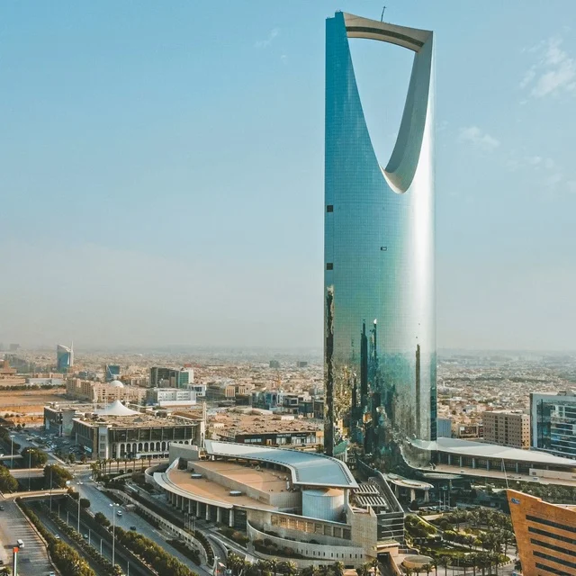 Kingdom Center in Riyadh, the architectural engineering art of modern-style commercial and residential buildings, towers, and skyscrapers in the Kingdom of Saudi Arabia.
