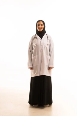 Women's professions and jobs, working in centers and hospitals, providing medical assistance to patients, a portrait of an Arab Gulf Saudi female doctor wearing a medical coat and a stethoscope, standing upright, looking at the camera with gestures of self-confidence, full-body, white background. Women's professions and jobs, working in centers and hospitals, providing medical assistance to patients, a portrait of an Arab Gulf Saudi female doctor wearing a medical coat and a stethoscope, standing upright, looking at the camera with gestures of self-confidence, full-body, white background.
