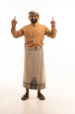 Raising both hands up with gestures of an oath, a portrait of a Yemeni Arab man wearing a shirt and a waist wrap with a turban, pointing with his index fingers upwards in gestures of testimony and swearing an oath, full body, white background.