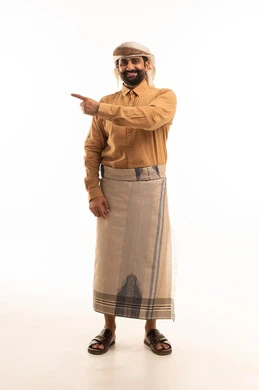 Pointing and directing to a place, a portrait of a Yemeni Arab man wearing a shirt and a waist wrap with a turban, standing smiling and pointing with his index finger to a specific place, indicating a location or a specific target, movements and gestures, full-body, white background.