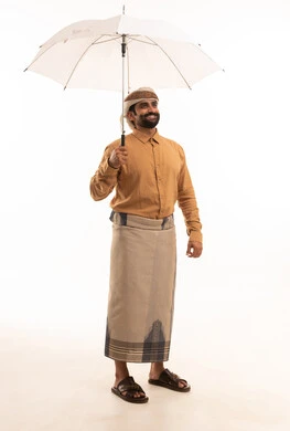 Sheltering from the sun's rays, protection from rain in winter, expressions of joy and happiness, a portrait of a Yemeni Arab man wearing a shirt and a sarong with a turban holding an umbrella in his hand, gestures of joy and happiness, a full-body image, white background.