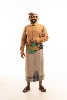 Looking at the camera with expressions of joy, maintaining traditional attire, representing authentic Arab masculinity, a portrait of a Yemeni Arab man wearing a shirt and izar with a turban and a jambiya standing upright, full body length, white background. Looking at the camera with expressions of joy, maintaining traditional attire, representing authentic Arab masculinity, a portrait of a Yemeni Arab man wearing a shirt and izar with a turban and a jambiya standing upright, full body length, white background.