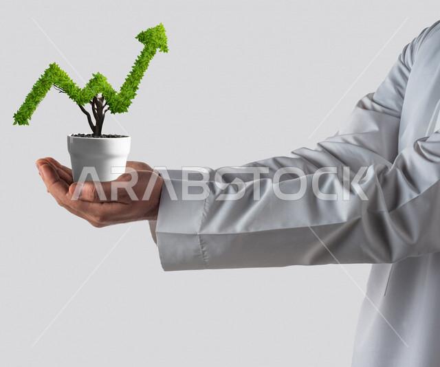 صورة مقربة ليد رجل عربي خليجي سعودي يحمل بين يديه أصيص به نبتة على شكل مؤشر سهم مالي صاعد في تربة خصبة ، الاستثمار و التداول في البورصة ، الاقتصاد والنمو المالي ، تحقيق الأهداف الإقتصادية 
