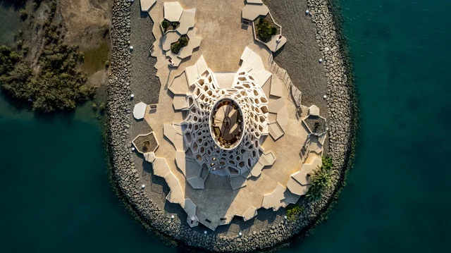 The King Abdullah University Lighthouse, an aerial view of the KAUST lighthouse at KAUST University in Thuwal, Jeddah, Saudi Arabia, the architectural engineering art of King Abdullah University of Science and Technology, King Abdullah University of Science and Technology in Thuwal.
