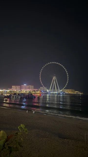 Aesthetic image of the Dubai towers overlooking the Arabian Gulf, the beauty of the waterfront in Dubai, Ain Dubai, the tallest Ferris wheel in the world, tourism in the United Arab Emirates, famous tourist attractions in Dubai, architectural engineering art in the Emirates.