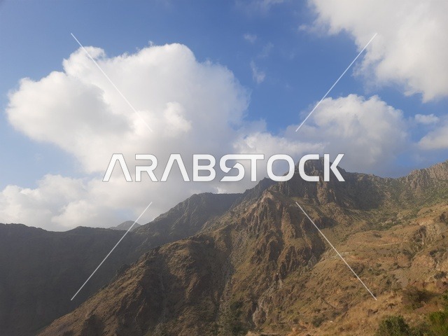 منظر طبيعي متميز للجبل في منطقة الباحة في المملكة العربية السعودية، الاهتمام بزراعة أشجار النخيل الخضراء في قرية الرخام في ذي عين الأثرية, التكوين والتشكيل الصخري للمرتفع الجبلي, معلم سياحي مشهور، مكان جذب واستقطاب السائحين