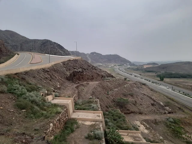 A distinctive natural view of the mountain in the Al-Baha region of Saudi Arabia, with a focus on the cultivation of green palm trees in the Al-Rukham village in the archaeological site of Dhi Ain, the geological formation and rock structure of the mountain elevation, a famous tourist landmark, a place that attracts and draws in tourists.