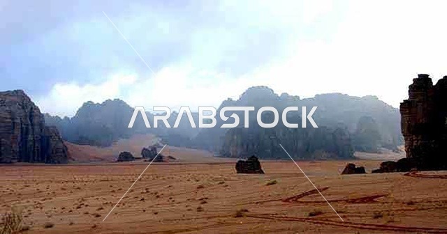 Wadi Al-Disa in the Tabuk region during the day, the land of palm trees and springs, a famous tourist place and area, the natural mountainous terrain in the Kingdom of Saudi Arabia, the growth of wild and thorny plants, the formations and rock structures on the mountainous valleys in historical archaeological sites.