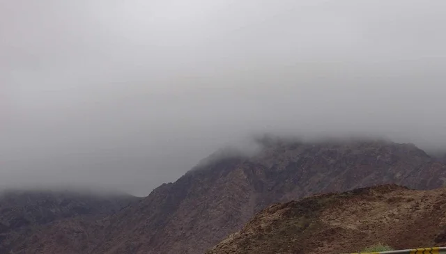 The foggy atmosphere above the peaks and mountain heights, a famous tourist place and area, the natural mountainous terrain in the Kingdom of Saudi Arabia, the growth of wild and thorny plants, the rock formations and structures.