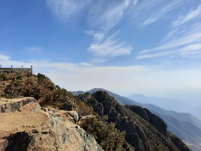 الأعشاب والأشجار والنباتات الخضراء في جبال السودة في منطقة عسير، صورة جوية للبيئة الجبلية والهضاب والمرتفعات، مشهد السماء فوق المناظر الطبيعية في منتزه السودة، أماكن ومناطق سياحية طبيعية مشهورة في المملكة العربية السعودية