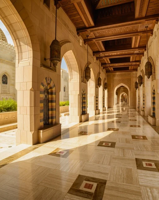 العبادة والتقرب الى الله، أداء الفرائض الدينية، الفن الهندسي المعماري الاسلامي الحديث، ممر جامع السلطان قابوس في محافظة الداخلية في ولاية نزوى، أماكن ومعالم إسلامية دينية مقدسة مشهورة في سلطنة عمان