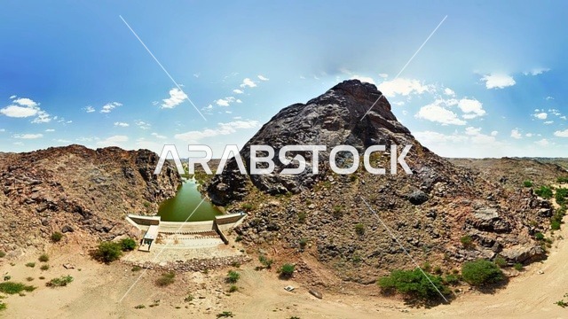 معالم تاريخية اثرية بالمملكة العربية السعودية، صورة بانورامية لوادي المسيرق وسدة الخرساني وسط الجبال في خيبر الجنوب ، منطقة عسير ، الطبيعة الجيولوجية ، القمم والمرتفعات والتضاريس ، خلفية الطبيعة