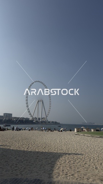 التقدم والنمو والتوسع العمراني، صورة لعجلة عين دبي بين المباني ، الفن الهندسي المعماري للمنشآت ، معالم دبي السياحية، الأبراج وناطحات السحاب في دولة الإمارات العربية المتحدة