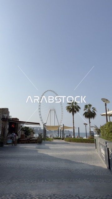 صورة لعجلة عين دبي بين المباني ، التقدم والنمو والتوسع العمراني، الفن الهندسي المعماري للمنشآت ، معالم دبي السياحية، الأبراج وناطحات السحاب في دولة الإمارات العربية المتحدة