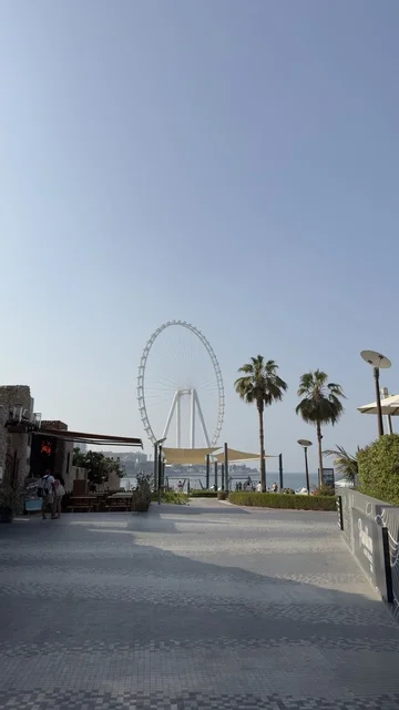 صورة لعجلة عين دبي بين المباني ، التقدم والنمو والتوسع العمراني، الفن الهندسي المعماري للمنشآت ، معالم دبي السياحية، الأبراج وناطحات السحاب في دولة الإمارات العربية المتحدة