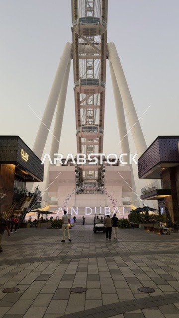 صورة لعجلة عين دبي بين المباني ، التقدم والنمو والتوسع العمراني، الفن الهندسي المعماري للمنشآت ، معالم دبي السياحية، الأبراج وناطحات السحاب في دولة الإمارات العربية المتحدة