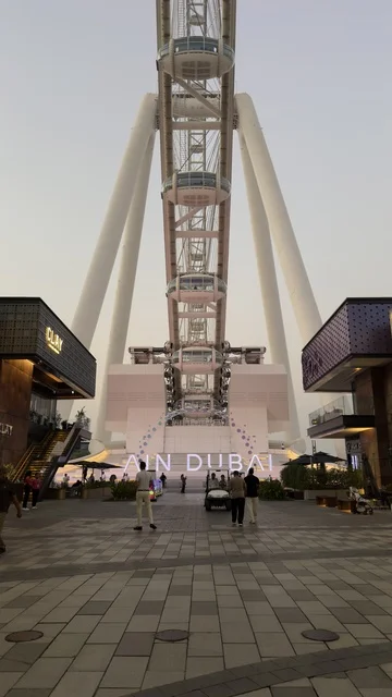 صورة لعجلة عين دبي بين المباني ، التقدم والنمو والتوسع العمراني، الفن الهندسي المعماري للمنشآت ، معالم دبي السياحية، الأبراج وناطحات السحاب في دولة الإمارات العربية المتحدة