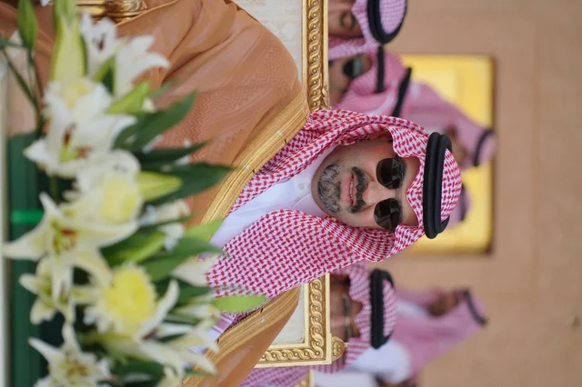 Prince Khalid bin Saud bin Abdullah bin Faisal Al Saud is wearing traditional Saudi attire and a bisht, Deputy Governor of Tabuk Region, official Saudi sessions.