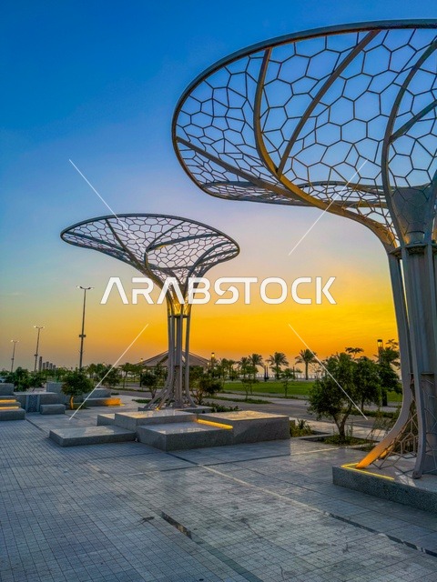 Urban growth and development, a view of the Khobar Corniche in the city of Dammam, famous coastal tourist attractions in the Kingdom of Saudi Arabia, areas for recreational trips and marine tours, attracting and drawing tourists from all over the world.