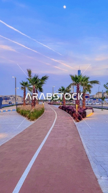 Tourist places for strolling and breathing fresh air, focusing on planting palm trees and green plants, Al-Fawzan Walk in the city of Khobar, one of the parks in the Kingdom of Saudi Arabia during the day.