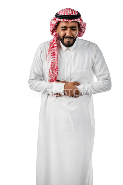 Portrait of a Saudi Arabian Gulf man, in traditional Saudi dress, suffering from stomach and stomach pain, with different facial and hands gestures indicating