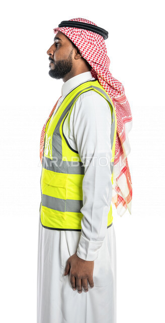 Portrait with a side view of an Arab Gulf engineer, with different face gestures, wearing a traditional Saudi uniform and working jacket, a white background, the concept of engineering, professional professions and jobs, professional architect