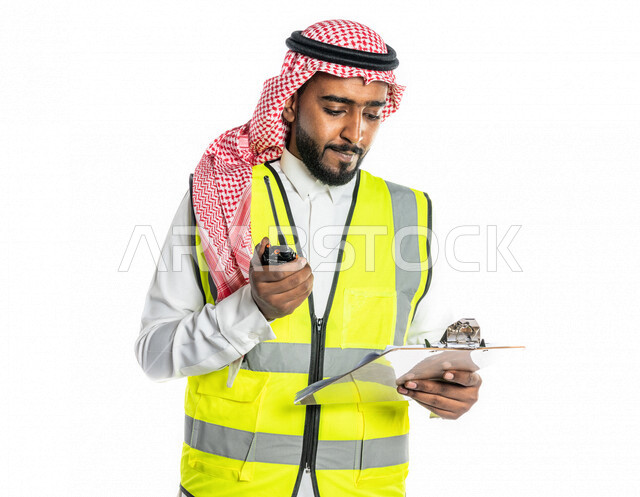 بورتريه لمهندس عربي خليجي سعودي ، يرتدي الزي السعودي التقليدي وسترة الحماية خاصة بالعمل ، يستخدم جهاز اتصال لاسلكي ، يحمل بيده تقارير ، الإشراف ومتابعة العمل ، إعطاء أوامر خاصة بالعمل ، مهن و وظائف هندسية ، ادارة المشاريع المعمارية الهندسية ، خلفية بيضاء