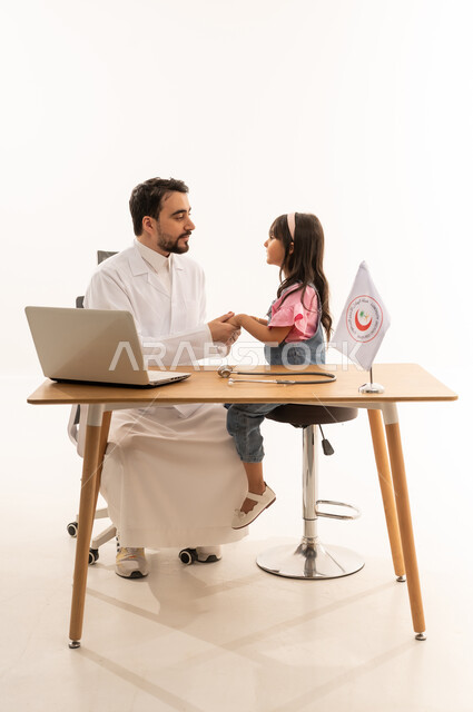 Checking on the patient's condition after the medical examination; a friendly conversation between a Saudi Arabian doctor wearing a white coat giving health advice to a young Saudi Arabian girl in casual clothes; white background; full-length body.