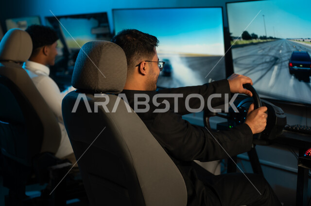 A real car racing simulation game, two young Arab Gulf Saudis wearing white and black thobes sitting in front of the screen mounted on the wall, gestures of happiness and joy, background image, holding the game controller.