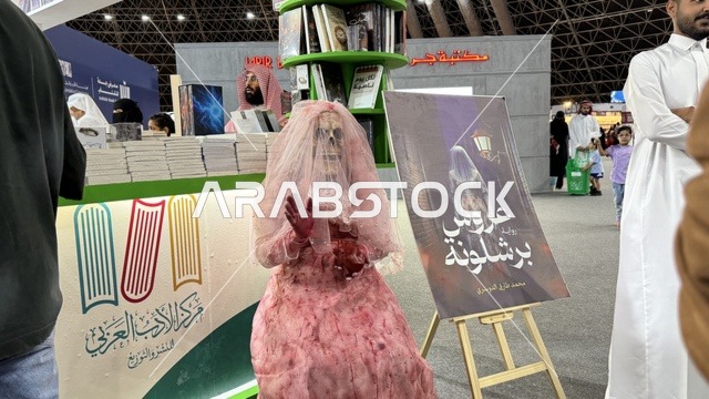 Arab Literature Center, a depiction of a figure wearing a pink wedding dress, a promotional tool for a novel titled "Bride of Barcelona," International Book Fair in Jeddah on December 16, 2025, famous cultural landmarks and tourist attractions in the Kingdom of Saudi Arabia, attracting and drawing tourists from around the world, Riyadh Season events.