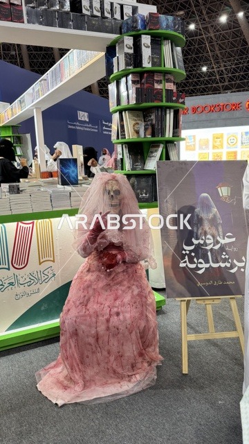 معرض الكتاب الدولي في جدة 16 من ديسمبر 2025 ، مركز الأدب العربي، تصوير لمجسم يرتدي فستان زفاف وردي اللون، أداة ترويجية لرواية بعنوان "عروس برشلونة"، المعالم والأماكن السياحية الثقافية المشهورة فى المملكة العربية السعودية، استقطاب وجذب السياح من أنحاء العالم ، فعاليات موسم الرياض