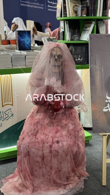معرض الكتاب الدولي في جدة 16 من ديسمبر 2025 ، مركز الأدب العربي، تصوير لمجسم يرتدي فستان زفاف وردي اللون، أداة ترويجية لرواية بعنوان "عروس برشلونة"، المعالم والأماكن السياحية الثقافية المشهورة فى المملكة العربية السعودية، استقطاب وجذب السياح من أنحاء العالم ، فعاليات موسم الرياض