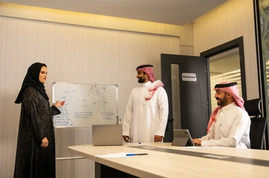 امراه عربية محجبة ترتدي العباءة تقوم بتوضيح الخطوات لتحقيق الأهداف داخل مقر الشركة امام زملائها، ورشة عمل تدريبية مهنية، استخدام السبورة لسهولة الشرح، تطوير استراتيجيات العمل، تعلم اساليب العمل والتطوير المهني