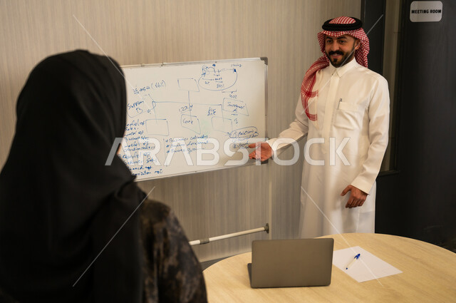 ورشة عمل تدريبية مهنية، استخدام السبورة لسهولة الشرح، تطوير استراتيجيات العمل، تعلم اساليب العمل والتطوير المهني، رجل عربي خليجي سعودي يرتدي الثوب و الشماغ يقوم بتوضيح الخطوات لتحقيق الأهداف داخل مقر الشركة
