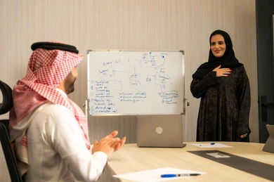 مفهوم التحفيز والدعم في بيئة العمل، إظهار التقدير أثناء عرض الأفكار, موظفة عربية خليجية سعودية تقوم بالشرح خلال اجتماع عمل, رجل عربي خليجي سعودي يرتدي الثوب التقليدي و الشماغ يقوم بالتصفيق ، ايماءات السعادة و السرور