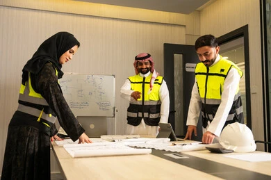 مراقبة وتنفيذ الخطط الهندسية المعتمدة، الشركات المختصة بورشات البناء والمقاولات، التخطيط ووضع المخططات المعمارية، مجموعة مهندسون عربيون خليجيون سعوديون يرتدون الثوب التقليدي و سترة الحماية يعملون على مناقشة مخطط الإنشاء وتحديد القياسات بدقة داخل مقر الشركة