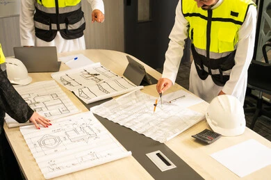 Planning and preparing architectural drawings, technical supervision of the implementation of engineering plans, companies specialized in construction workshops and contracting, a group of Arab Gulf Saudi engineers working on discussing the construction plan and accurately adjusting measurements within the company's headquarters.