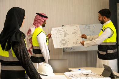 Monitoring the progress of work according to the established engineering plans, the companies specialized in construction and contracting, planning and designing architectural designs, a group of Arab Gulf Saudi engineers discuss the construction plan and accurately determine the measurements inside the company's headquarters.