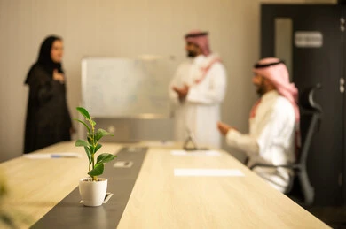 Teamwork and team spirit, using the whiteboard to clarify the processes and procedures followed in the company, ensuring a clear and comprehensive understanding of the work, gestures of encouragement and applause, professionalism and dedication to achievement, two Arab Gulf men from Saudi Arabia wearing traditional attire applauding during the meeting.