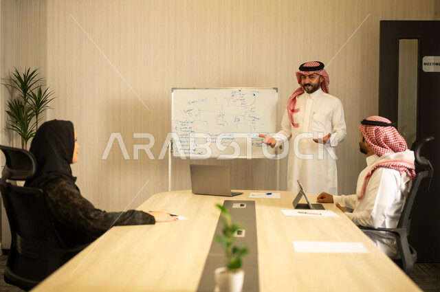 مفهوم التواصل المهني والعمل الجماعي، عرض الأفكار ومناقشة خطط العمل، رجل عربي خليجي سعودي يرتدي الثوب الابيض و الشماغ يعرض خطة العمل ويشرح الأفكار أمام زملائه باستخدام السبورة