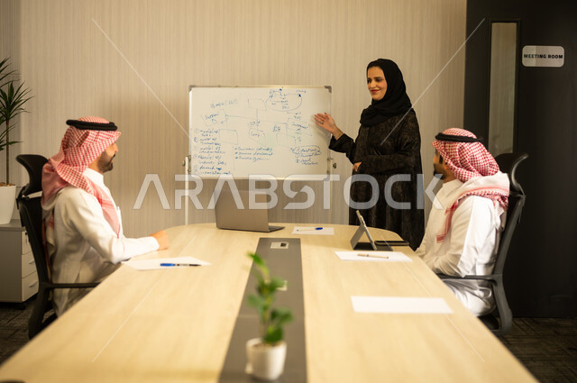 مناقشة الأفكار وتبادل الآراء أثناء الاجتماع, موظفة عربية خليجية سعودية تقف أمام السبورة البيضاء وتشرح محتوى العمل برفقة زملائها، مفهوم الإدارة والعمل المؤسسي, التخطيط ومتابعة المهام