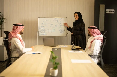 Discussion of ideas and exchange of opinions during the meeting, a Saudi Gulf Arab employee stands in front of the whiteboard explaining the work content alongside her colleagues, the concept of management and institutional work, planning and task follow-up.