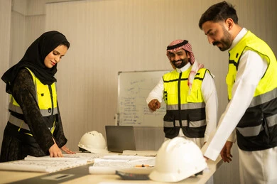 تحليل مخطط البناء، مفهوم التخطيط والتنظيم، متابعة سير المشروع، التعاون المهني داخل المكتب الهندسي، مهندس عربي خليجي سعودي يرتدي الشماغ و سترة السلامة يقف برفقة زملائه يقوم بشرح العمل