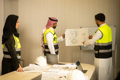 مهنة ووظيفة هندسية شبابية، مراقبة ومتابعة عمليات البناء، مفهوم ادارة المشاريع الهندسية والانشاءات، دراسة المخطط والمشروع ، مهندسان عربيان خليجيان سعوديان يرتديان الثوب الابيض سترة الحماية يحملان المخطط الهندسي برفقة زميلتهم