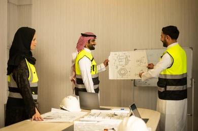مراقبة ومتابعة عمليات البناء، مفهوم ادارة المشاريع الهندسية والانشاءات، دراسة المخطط والمشروع ، مهنة ووظيفة هندسية شبابية، مهندسان عربيان خليجيان سعوديان يرتديان الثوب الابيض سترة الحماية يحملان المخطط الهندسي برفقة زميلتهم