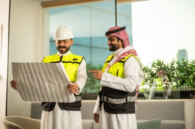 Referring to something, following up on the implementation of engineering plans, companies specialized in construction workshops and contracting, planning and establishing the fundamentals of architectural designs, two Arab Gulf engineers from Saudi Arabia wearing safety vests are discussing the construction plan and accurately determining the measurements.
