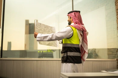 تحليل التصاميم الإنشائية والتأكد من تفاصيل المشروع، النظر للكاميرا بتعابير السرور، مهندس عربي خليجي سعودي يرتدي سترة السلامة و الشماغ يقف داخل مكتب هندسي  يمسك المخطط الورقي ويقوم بمراجعتها، مفهوم التخطيط الهندسي والإشراف على المشاريع